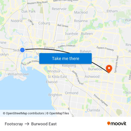 Footscray to Burwood East map