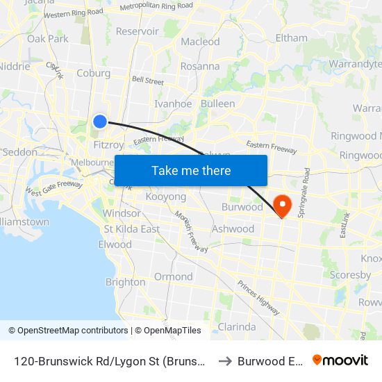 120-Brunswick Rd/Lygon St (Brunswick) to Burwood East map