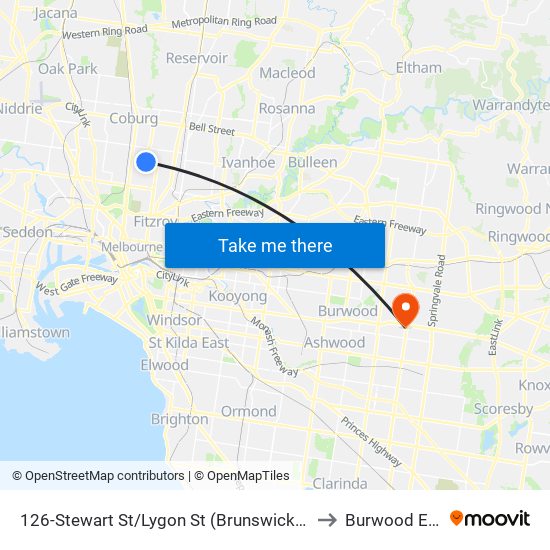 126-Stewart St/Lygon St (Brunswick East) to Burwood East map