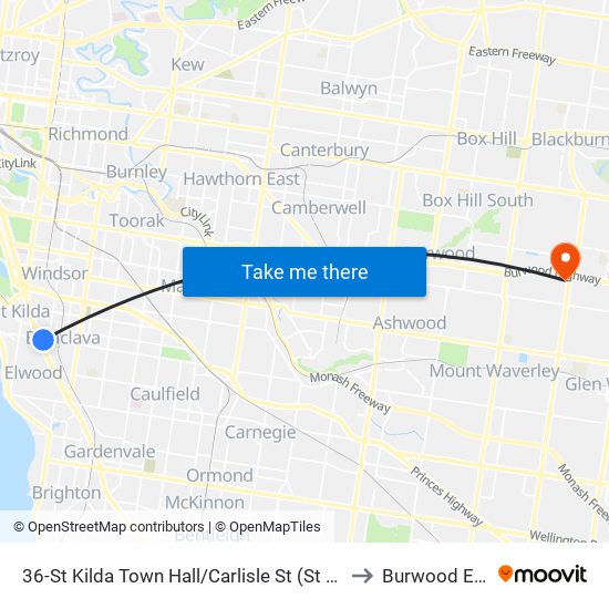 36-St Kilda Town Hall/Carlisle St (St Kilda) to Burwood East map