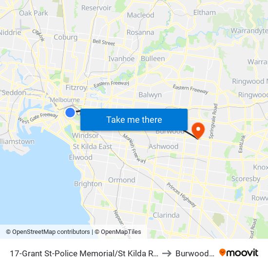 17-Grant St-Police Memorial/St Kilda Rd (Southbank) to Burwood East map