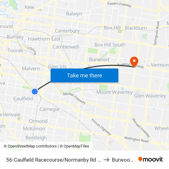 56-Caulfield Racecourse/Normanby Rd (Caulfield North) to Burwood East map