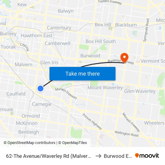 62-The Avenue/Waverley Rd (Malvern East) to Burwood East map