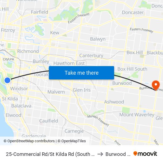 25-Commercial Rd/St Kilda Rd (South Melbourne) to Burwood East map