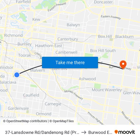 37-Lansdowne Rd/Dandenong Rd (Prahran) to Burwood East map