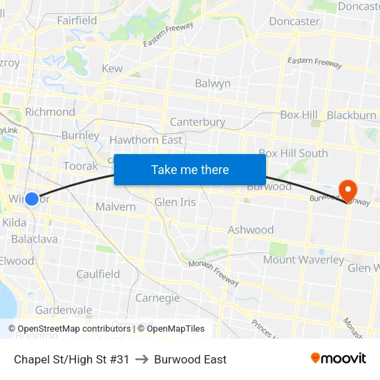 Chapel St/High St #31 to Burwood East map