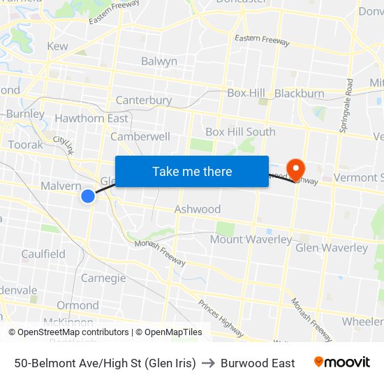 50-Belmont Ave/High St (Glen Iris) to Burwood East map