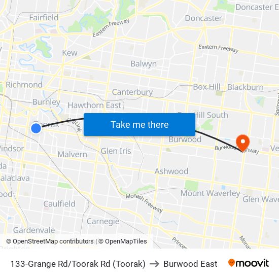 133-Grange Rd/Toorak Rd (Toorak) to Burwood East map