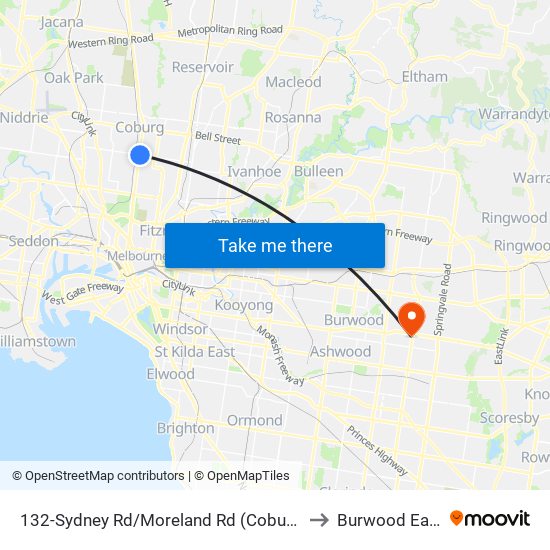 132-Sydney Rd/Moreland Rd (Coburg) to Burwood East map