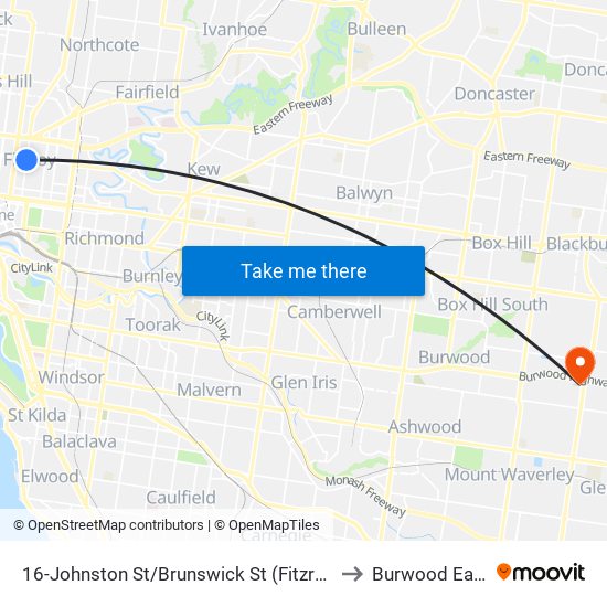 16-Johnston St/Brunswick St (Fitzroy) to Burwood East map