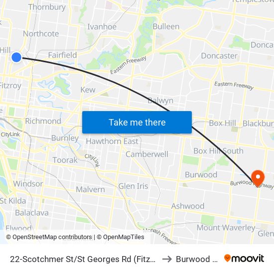 22-Scotchmer St/St Georges Rd (Fitzroy North) to Burwood East map