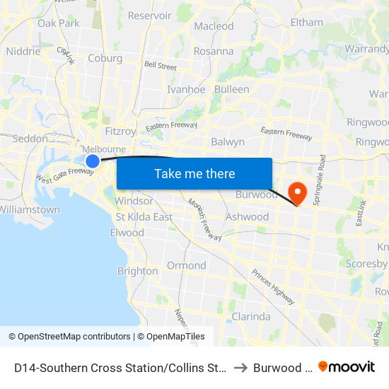 D14-Southern Cross Station/Collins St (Docklands) to Burwood East map