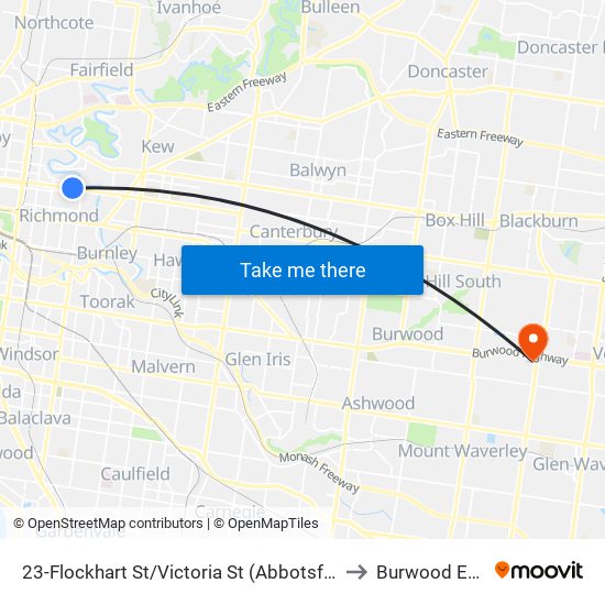 23-Flockhart St/Victoria St (Abbotsford) to Burwood East map