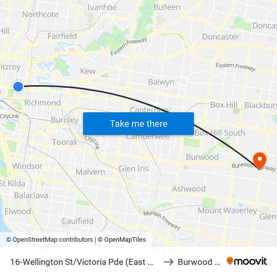 16-Wellington St/Victoria Pde (East Melbourne) to Burwood East map