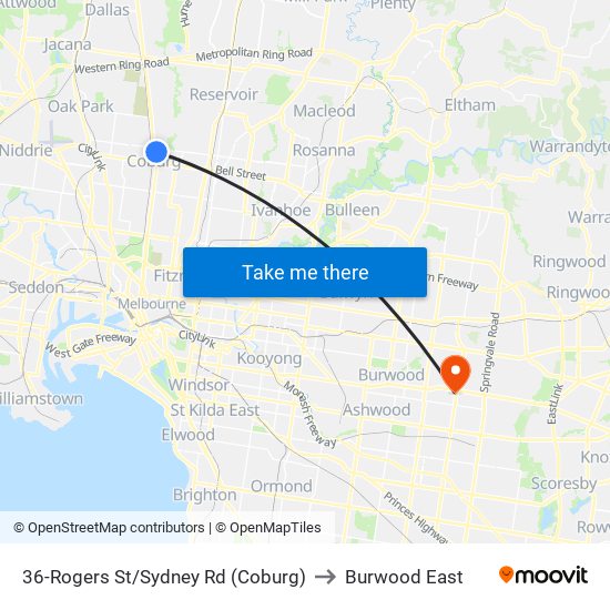 36-Rogers St/Sydney Rd (Coburg) to Burwood East map