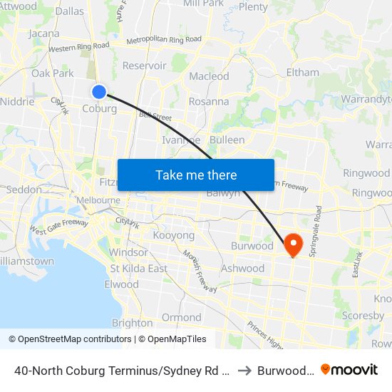 40-North Coburg Terminus/Sydney Rd (Coburg North) to Burwood East map