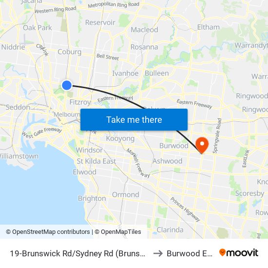 19-Brunswick Rd/Sydney Rd (Brunswick) to Burwood East map