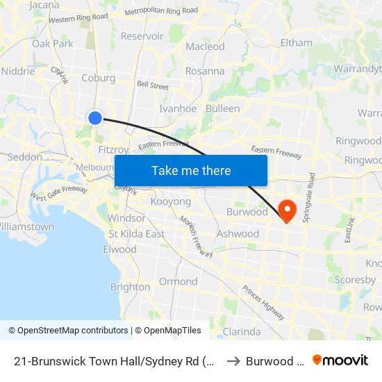 21-Brunswick Town Hall/Sydney Rd (Brunswick) to Burwood East map