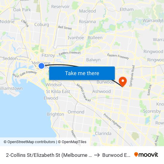 2-Collins St/Elizabeth St (Melbourne City) to Burwood East map