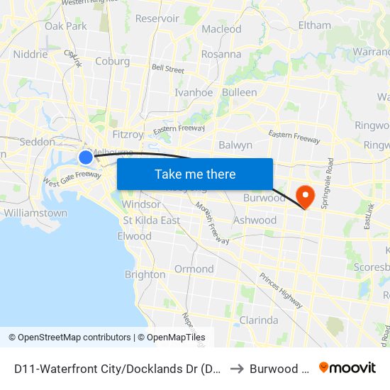 D11-Waterfront City/Docklands Dr (Docklands) to Burwood East map