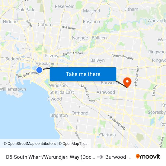 D5-South Wharf/Wurundjeri Way (Docklands) to Burwood East map