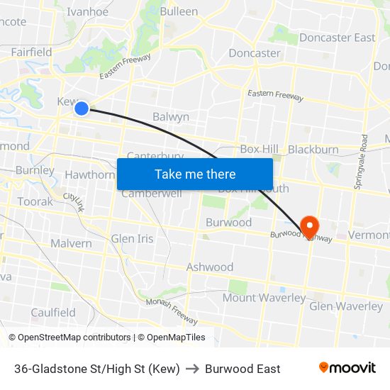 36-Gladstone St/High St (Kew) to Burwood East map