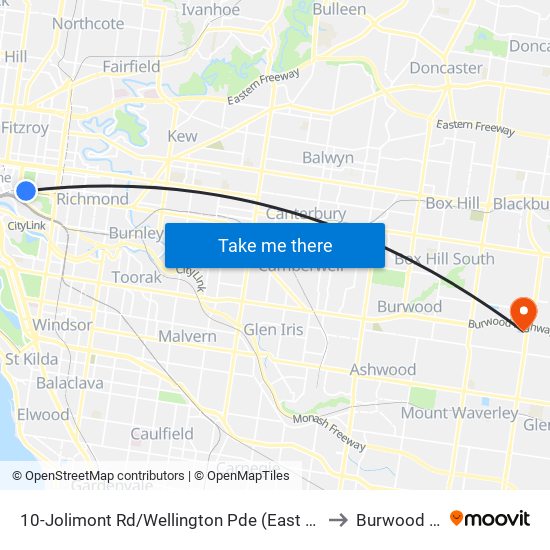 10-Jolimont Rd/Wellington Pde (East Melbourne) to Burwood East map