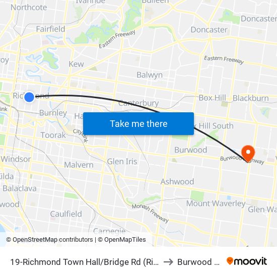 19-Richmond Town Hall/Bridge Rd (Richmond) to Burwood East map