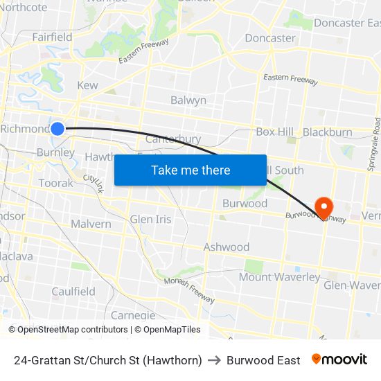 24-Grattan St/Church St (Hawthorn) to Burwood East map