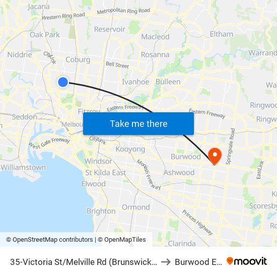 35-Victoria St/Melville Rd (Brunswick West) to Burwood East map