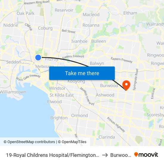 19-Royal Childrens Hospital/Flemington Rd (North Melbourne) to Burwood East map