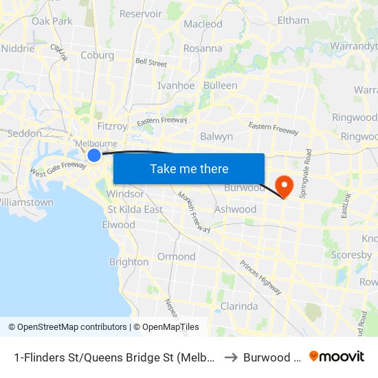 1-Flinders St/Queens Bridge St (Melbourne City) to Burwood East map