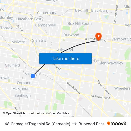 68-Carnegie/Truganini Rd (Carnegie) to Burwood East map