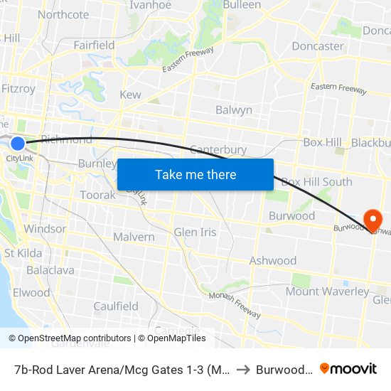 7b-Rod Laver Arena/Mcg Gates 1-3 (Melbourne City) to Burwood East map