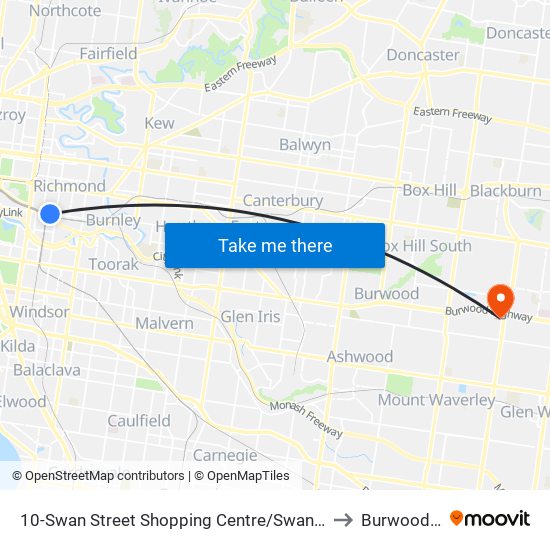 10-Swan Street Shopping Centre/Swan St (Richmond) to Burwood East map