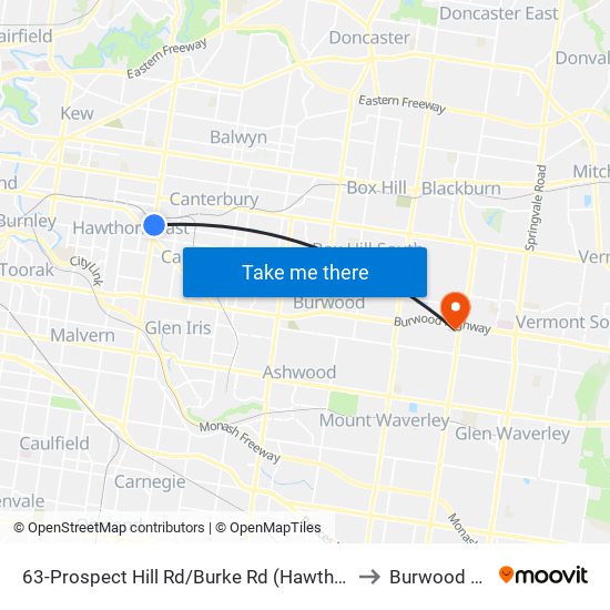 63-Prospect Hill Rd/Burke Rd (Hawthorn East) to Burwood East map