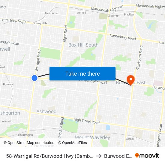 58-Warrigal Rd/Burwood Hwy (Camberwell) to Burwood East map