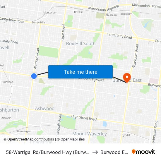 58-Warrigal Rd/Burwood Hwy (Burwood) to Burwood East map