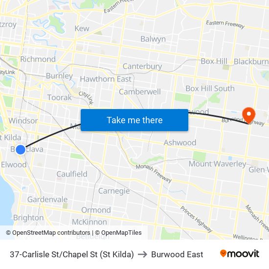 37-Carlisle St/Chapel St (St Kilda) to Burwood East map