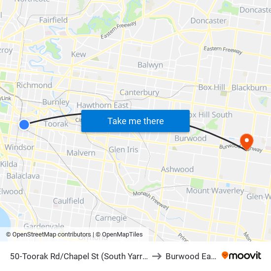 50-Toorak Rd/Chapel St (South Yarra) to Burwood East map