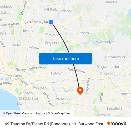 Taunton Dr/Plenty Rd #69 to Burwood East map