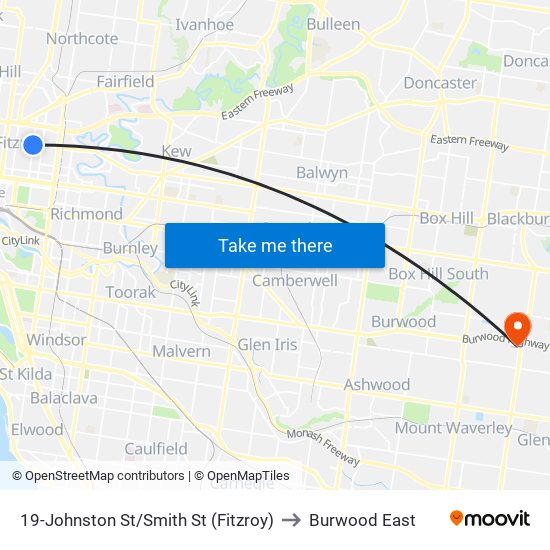 19-Johnston St/Smith St (Fitzroy) to Burwood East map