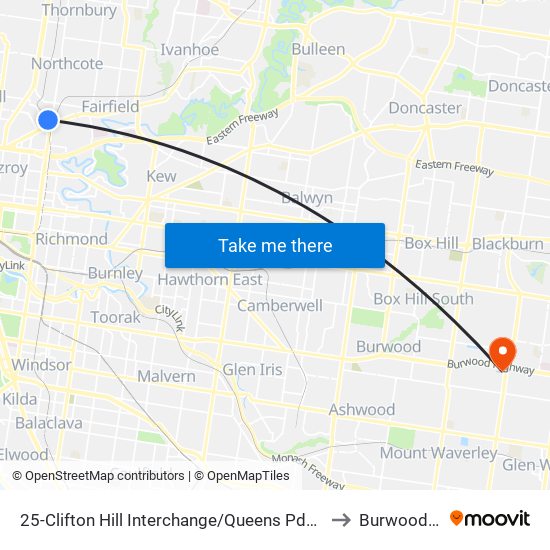 25-Clifton Hill Interchange/Queens Pde (Clifton Hill) to Burwood East map