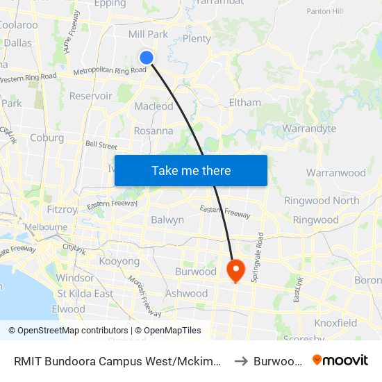 RMIT Bundoora Campus West/Mckimmies Rd (Mill Park) to Burwood East map