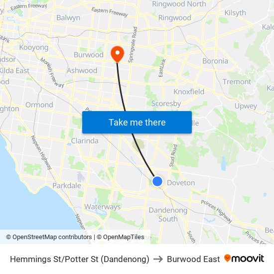 Hemmings St/Potter St (Dandenong) to Burwood East map