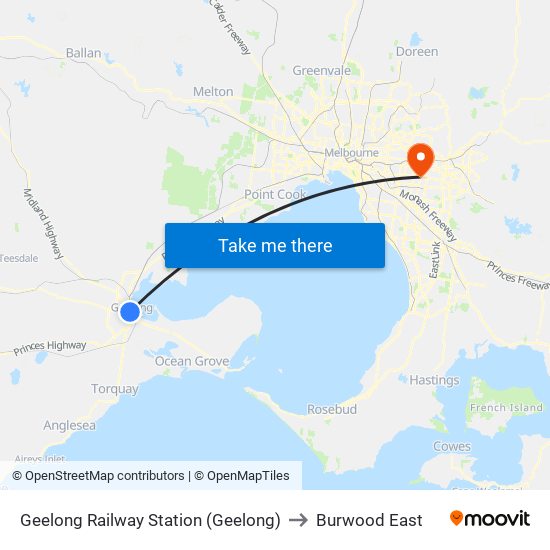 Geelong Railway Station (Geelong) to Burwood East map