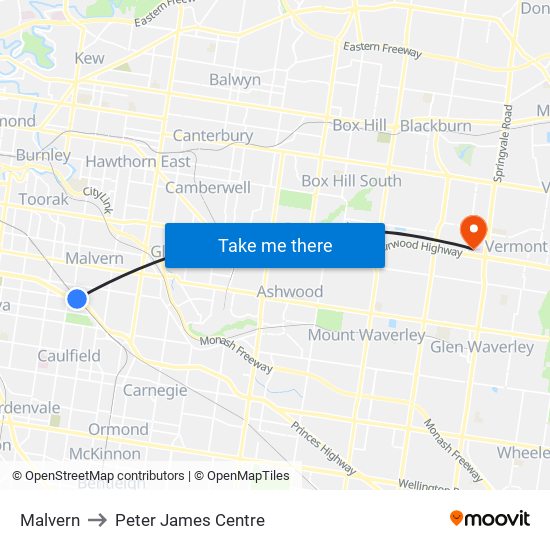 Malvern to Peter James Centre map