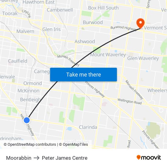 Moorabbin to Peter James Centre map