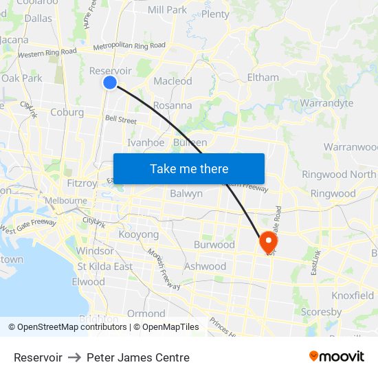 Reservoir to Peter James Centre map