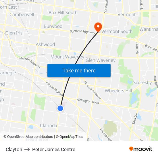 Clayton to Peter James Centre map